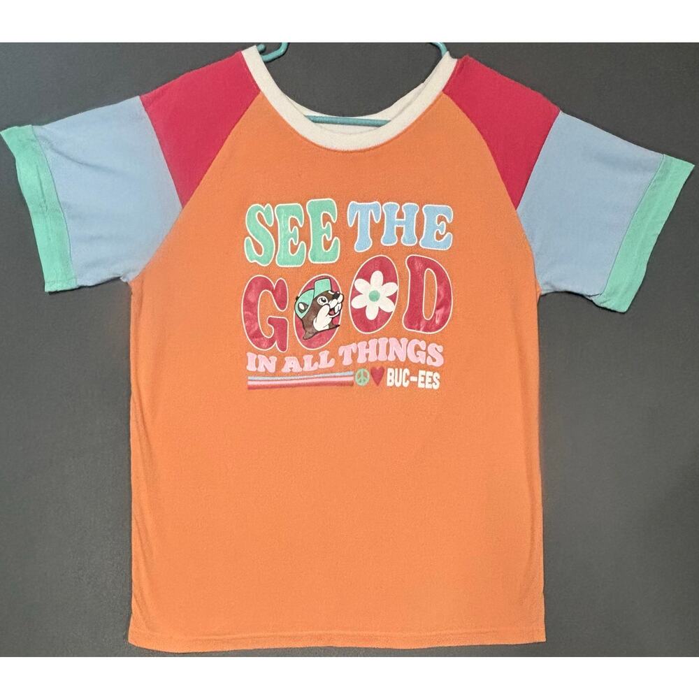 Bucees Graphic T Shirt Womens Small "See the good in all things" Colorblock
